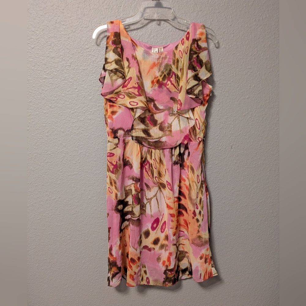 Emma & Michele Pink and Brown Floral Mini Dress Chiffon Overlay Sz. 12 - Picture 9 of 12